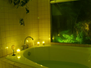 With a hot water heater big enough to fill this luxurious over-sized tub2 of you can relax with candles and lighted outdoor giant ferns.