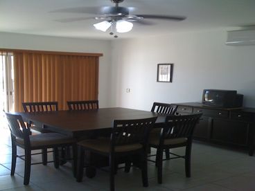 Dining tables seats six.