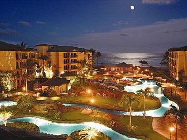 Moonrise over Waipouli Beach Resort two-acre lazy river pool!