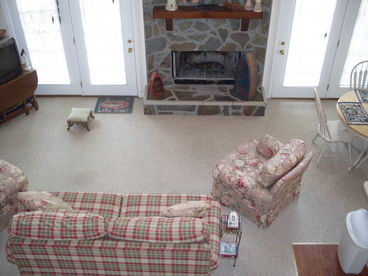 Looking down from loft bedroom to greatroom.