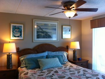 Master bedroom with comfy pillowtop mattress, it\'s own TV, and an awesome view of the Gulf of Mexico