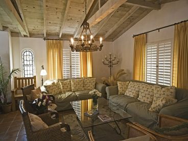 Living room with big HD flat screen TV and fireplace