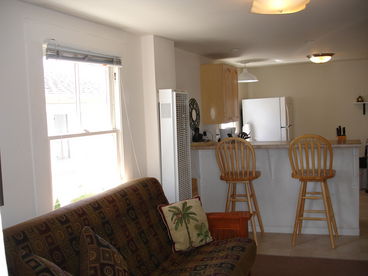 Living room open to the kitchen area