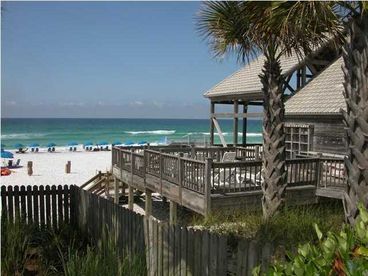 Private Beach Cabana for Emerald Shores with restrooms, picnic tables, and lounge chairs.  Must have a code to get on and to come up from the beach!