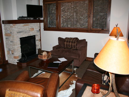 Beautiful living area with HDTV, DVD, Bose CD and toasty warm stone hearth fireplace.