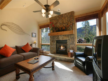 Living room with fireplace and views!