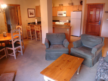 Living room, kitchen and dining area