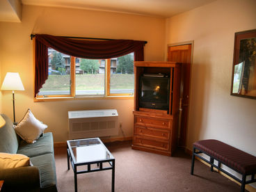 Main room of the condo with sofa and TV