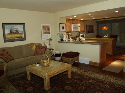 Well Appointed Living Room Funishings with View into the Kitchen