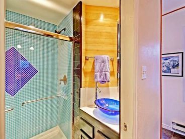 Bathroom with beautiful tile shower
