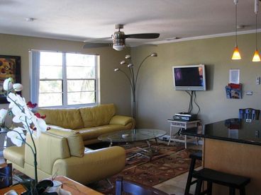 Living Room - East Half Duplex Home - Comfortable leather couch, flat screen TV, premium cable