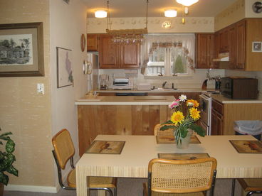 If you choose to cook on vacation, you\'ll enjoy this fully furnished kitchen.  Coffee maker with filters, new toaster oven, blender, microwave......even spices!!