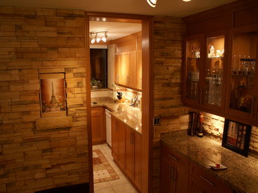 beautiful stone work in dinning and kitchen area