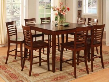 Our large square pub-height dining room table seats eight to accomodate family meals and games