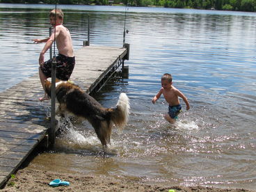 Shallow sand beach for tons of fun and great fishing right from the dock