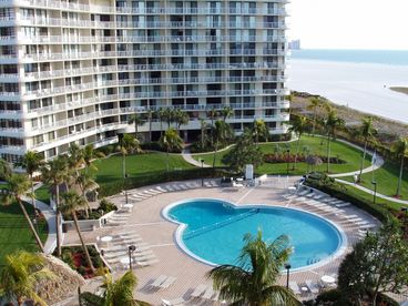 Panoramic view from balcony of beach and pool area