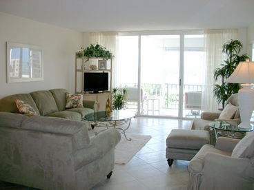 Gulf Views from the spacious living room, all tile flooring