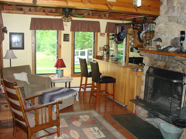 The Gatehering Room and Stone Fireplace.