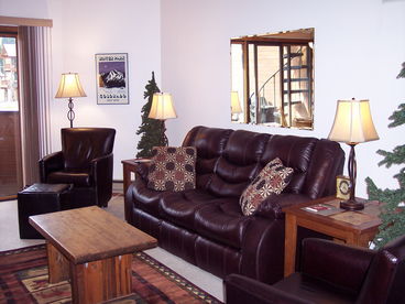 Cozy living room w/new leather pull out couch and gas fireplace!