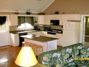 Island, all appliances in open kitchen and living room area