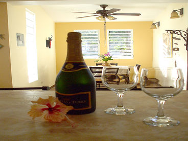 View from kitchen over bar to dining room.