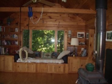 Living room showing daybed, wood burning stove, and yoga inversion sling