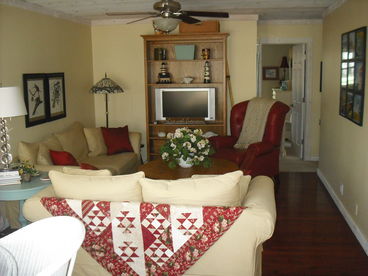 Living room with comfy furniture and large TV with satellite and DVD player