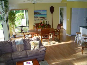 Kauai Vacation Rental open living room and dining room. Open to gardens...