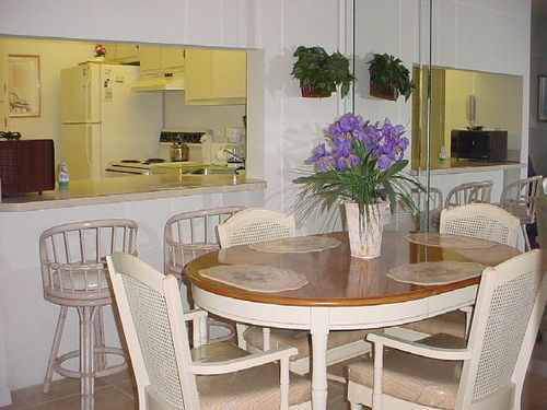 Dining area overlooking breakfast counter and kitchen