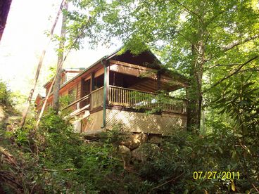 View of the Creek Bend cabin from the waterfall.