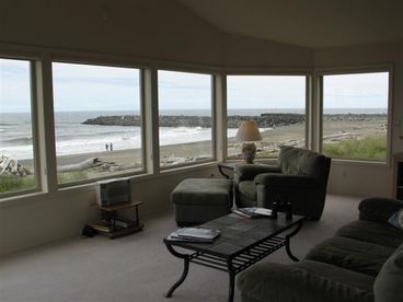 View from top floor great room, looking north along beach towards the jetty. 