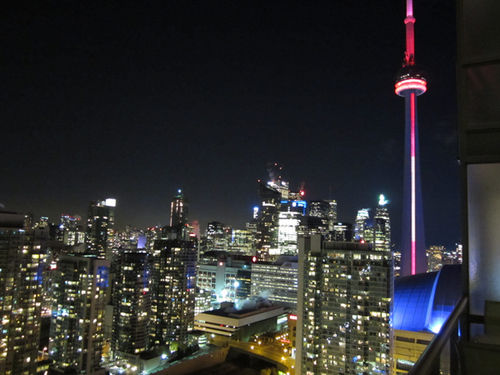 View of the city at night from the patio