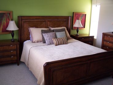 Master bedroom with king bed, TV, door to pool patio and attached bath