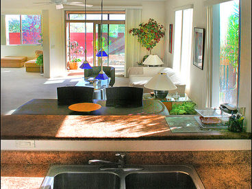 Kitchen serving top-sink, Dining Table, Living Room, Den, Patio panorama