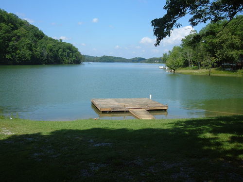 Nice private dock, shade trees at the waters edge, flat yard, cove