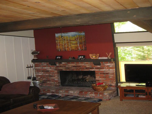 Wood burning fireplace in family room