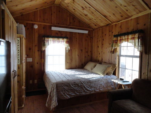 Studio cabin with queen bed and couch. Kitchenette and private bathroom