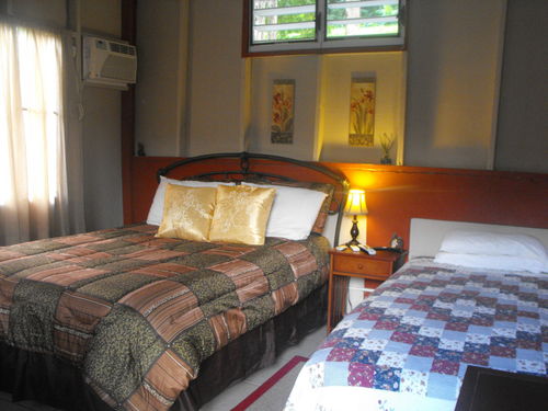 This room has a queen bed and a twin bed,mini refrigerator ,a/c,tv,,fan,bathroom