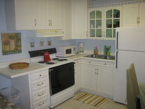 Kitchen is equipped with fridge with ice maker, coffee pot, microwave, toaster, electric kettle, blender
