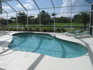 Large south-facing pool area, with room all around to soak up the sun. Alternatively you will find comfortable padded seating with table and ceiling fan in the shade.

