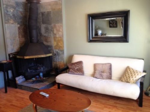 Queen Futon, and Wood Fireplace in Unit