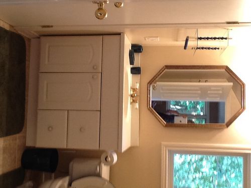 Washroom vanity showing window with surrounding trees