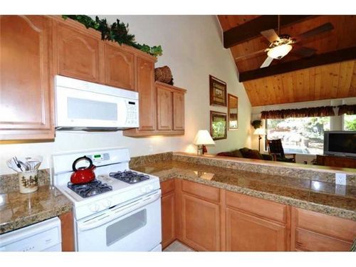 Kitchen with new appliances, and open views of living/dining area, and forest