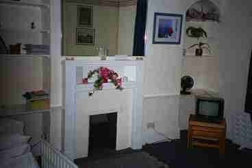 The fireplace mantel is the at the center of the living room with a sleeper sofa to the left and a television to the right.  Another sleeper sofa is on the right as well