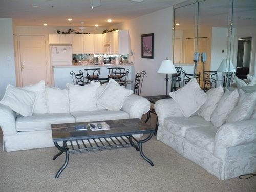 Comfortable living room with queen hide-a-bed couch. Notice the mirrored living room wall.