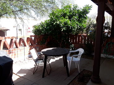 Private patio with table and chairs and enjoy oranges from your own orange tree. 