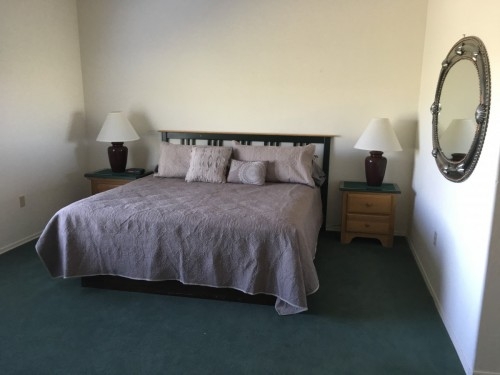 Master bedroom with new flat screen TV, walk in shower