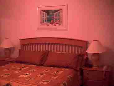 Master bedroom with full bathroom.  King bed, telephone, dryer, TV, Dressers, Lamps, Ceiling Fan, Linens, Towels.