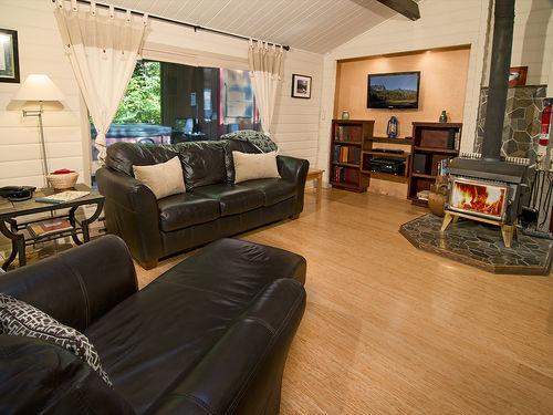 Cozy cabin living room with hardwood floors, wood burning stove and flat screen television.