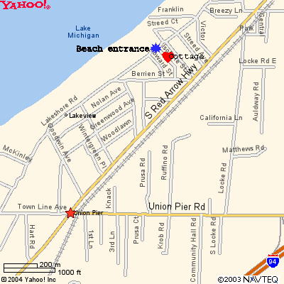 The map shows the distance from the cottage to the *private* beach entrance.